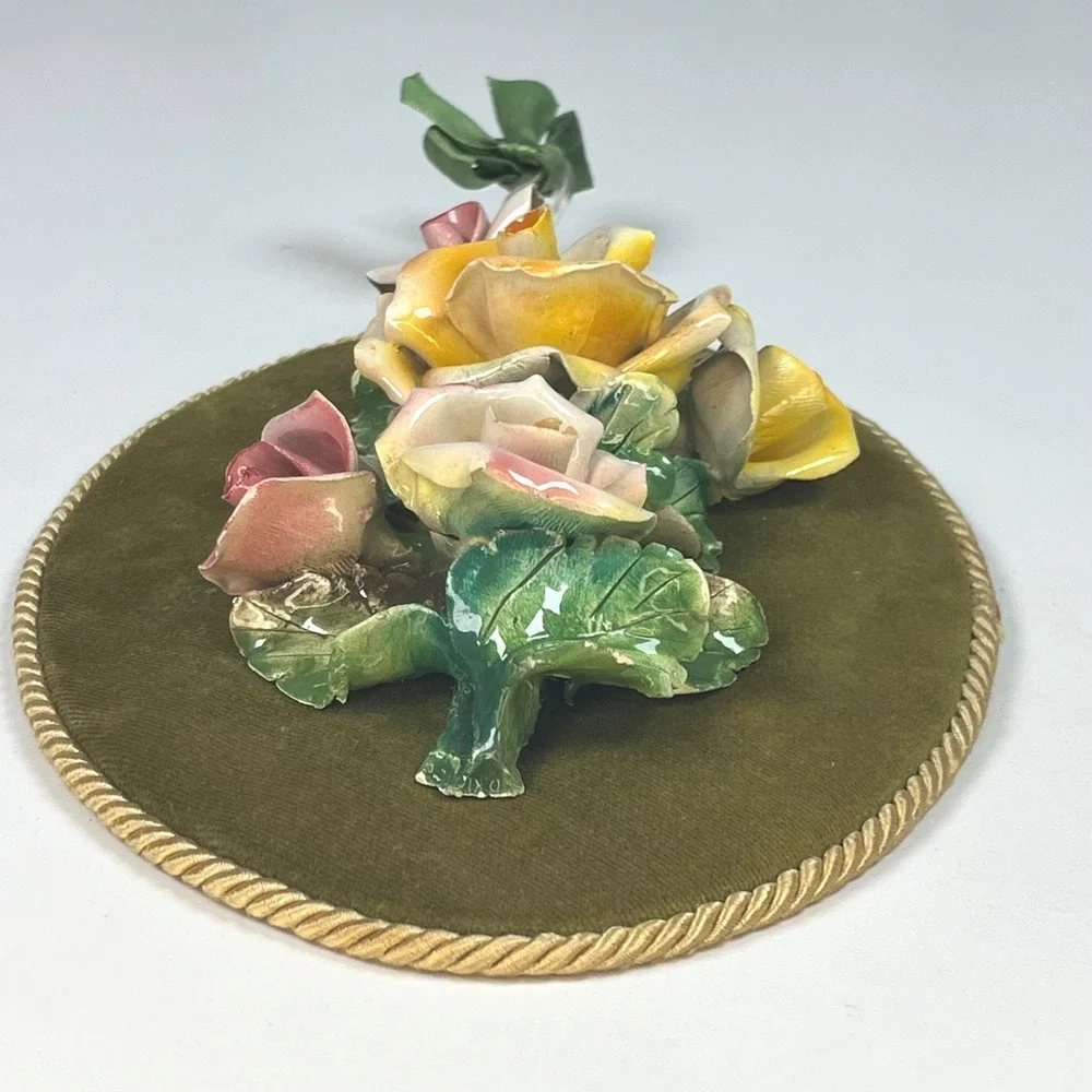 Heygill Wall Plaque Lime Green Porcelain Rose Velvet Italy Vintage 8 in x 6 in